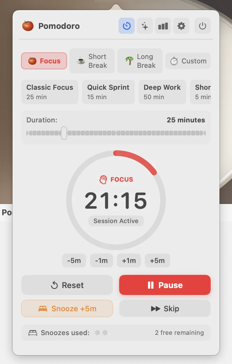 Personal Pomodoro timer counting down at 21:15 with red progress ring and Session Active badge
