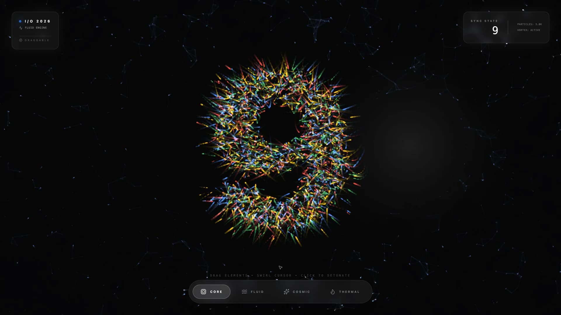 Active countdown state showing particles dynamically morphing into the numeral 9 with particle velocity vectors