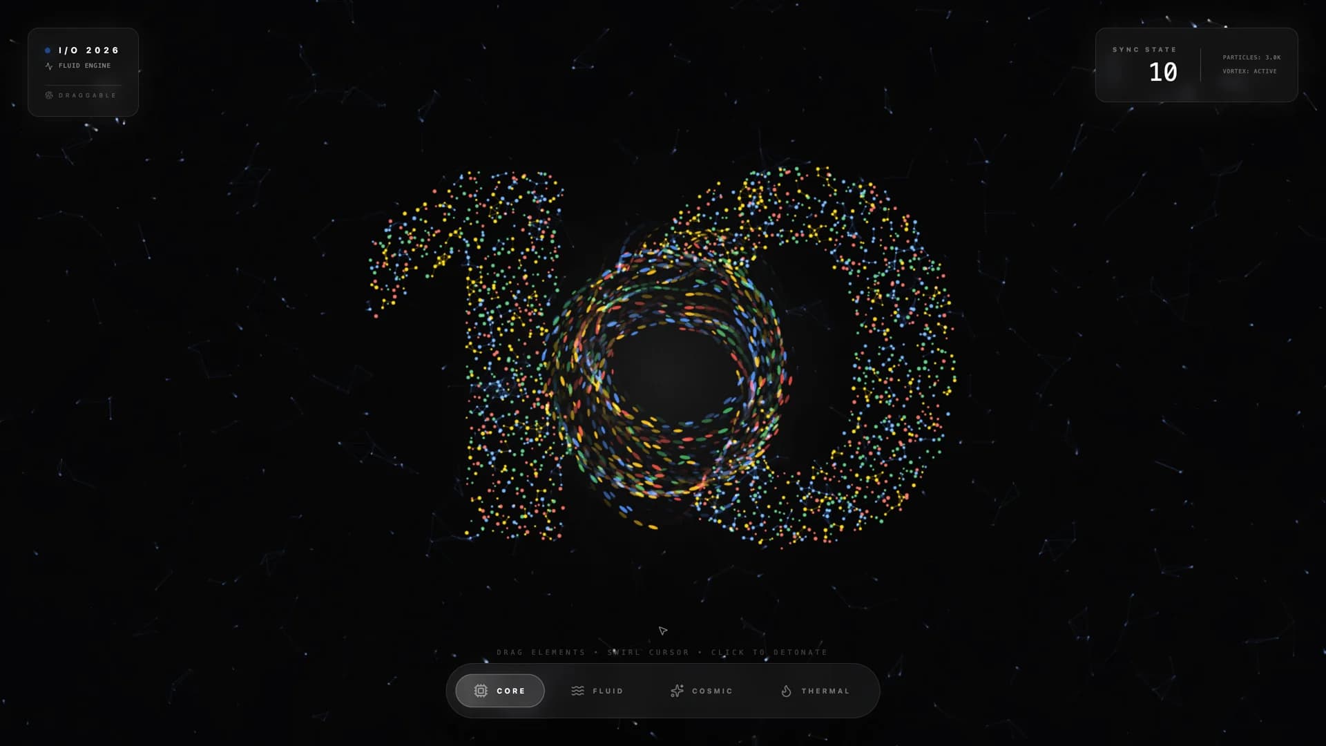 Prompt-Driven Physics Timer showing 3,000 particles forming the number 10 with vortex cursor physics, ambient connection lattice, and mode controls
