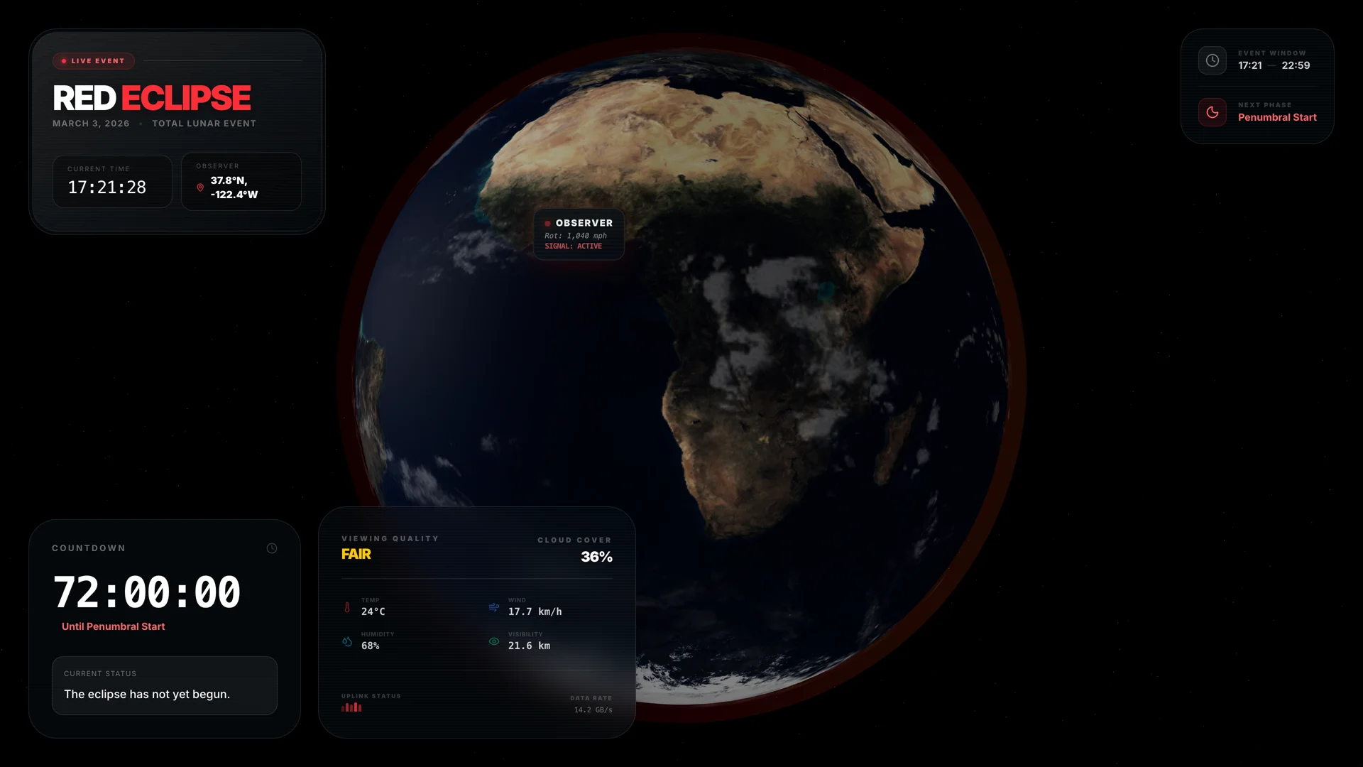 Rotated Earth perspective displaying Africa and Atlantic terminator with live viewing conditions and countdown timer