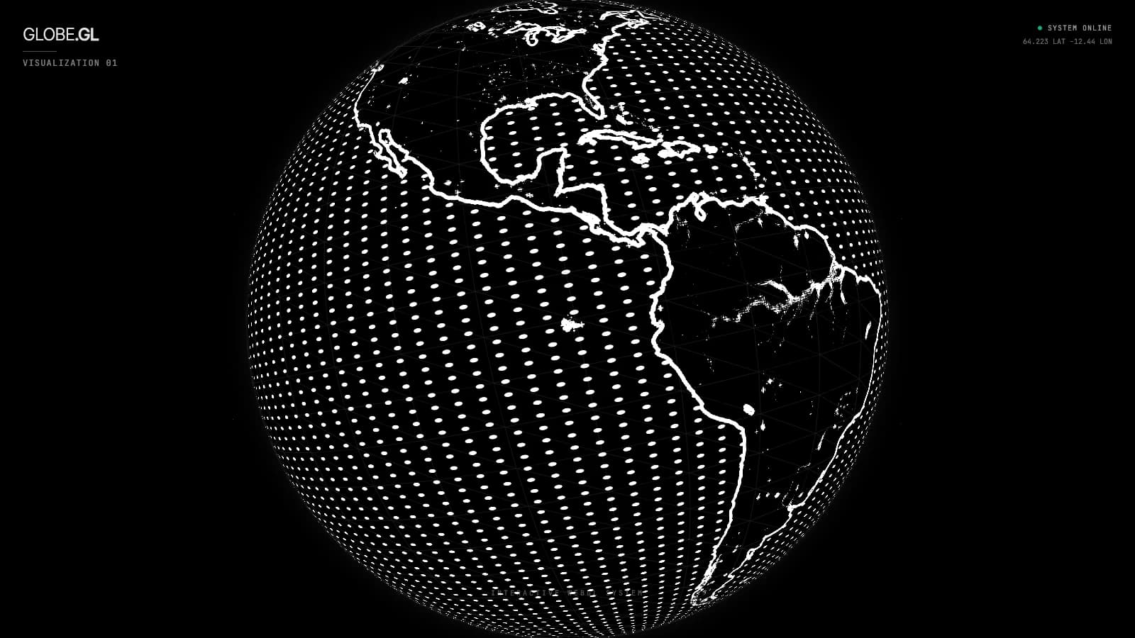 GLOBE.GL — GLSL dot-matrix Earth with Sobel edge-detected coastlines, specular highlights, and SYSTEM ONLINE indicator showing lat/lng coordinates