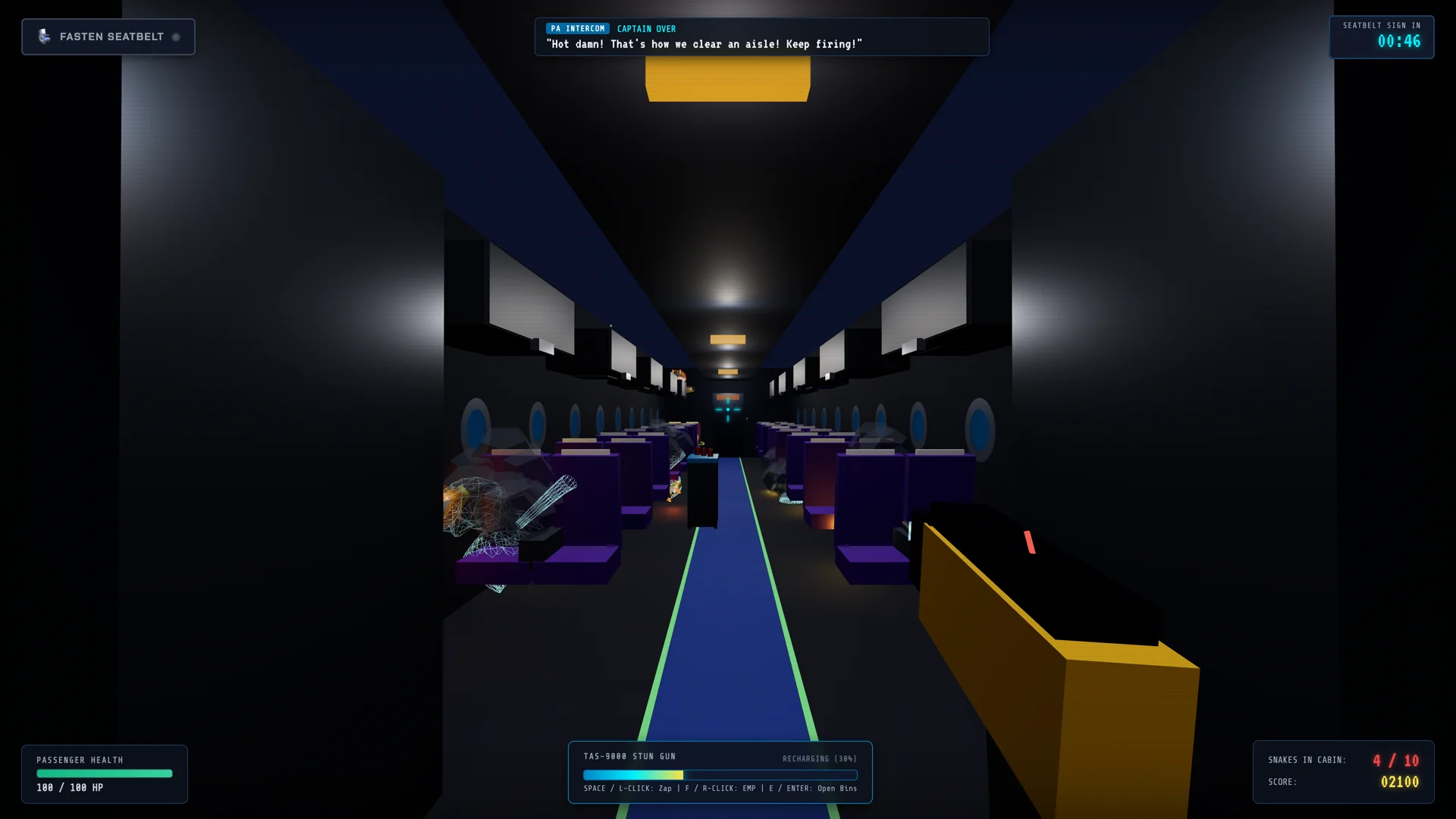In-flight combat action showing EMP lightning zapping snakes with Captain Over commendation and score increase