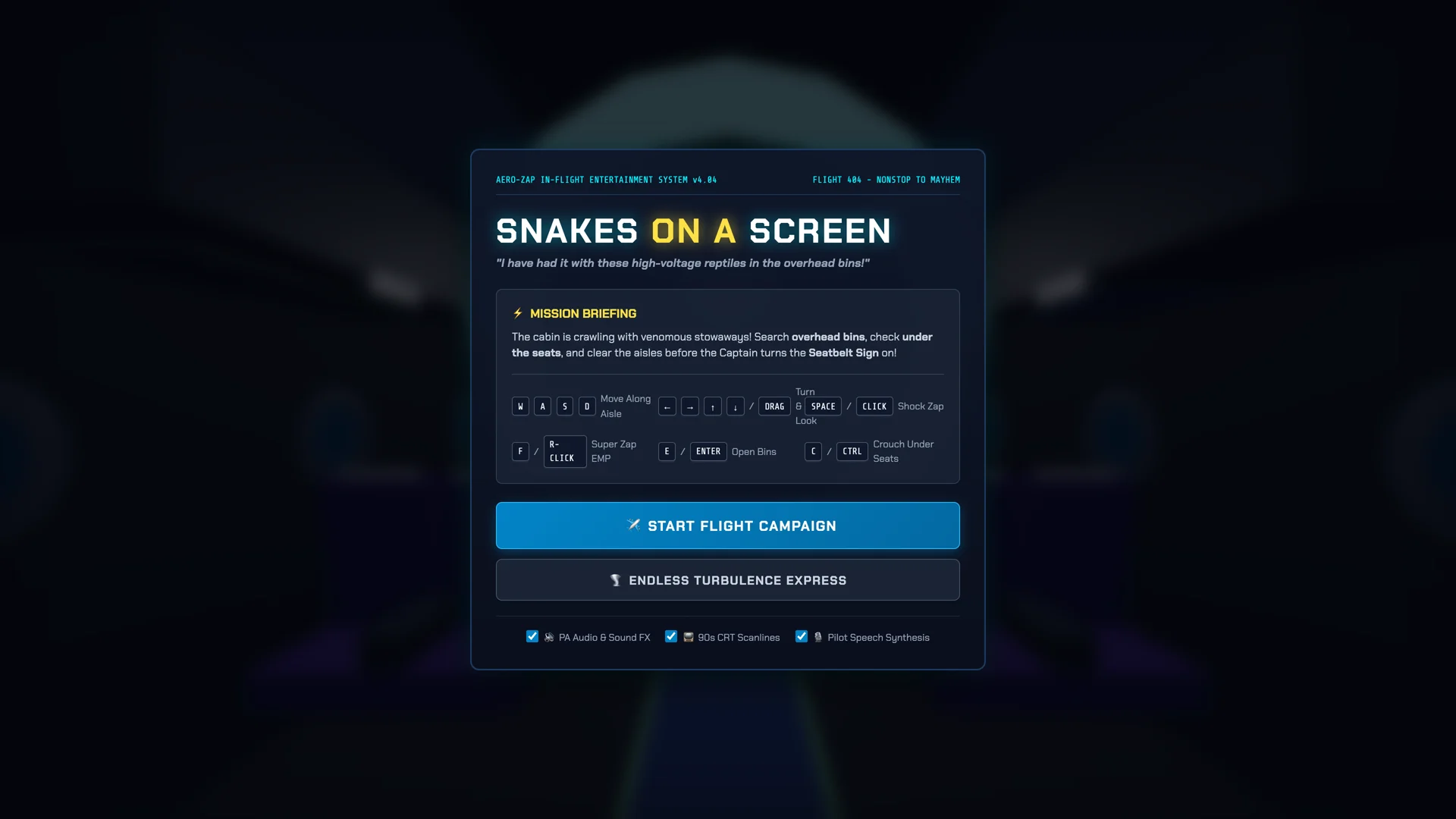 Snakes on a Screen retro 90s Aero-Zap in-flight entertainment terminal menu with mission briefing and keyboard controls