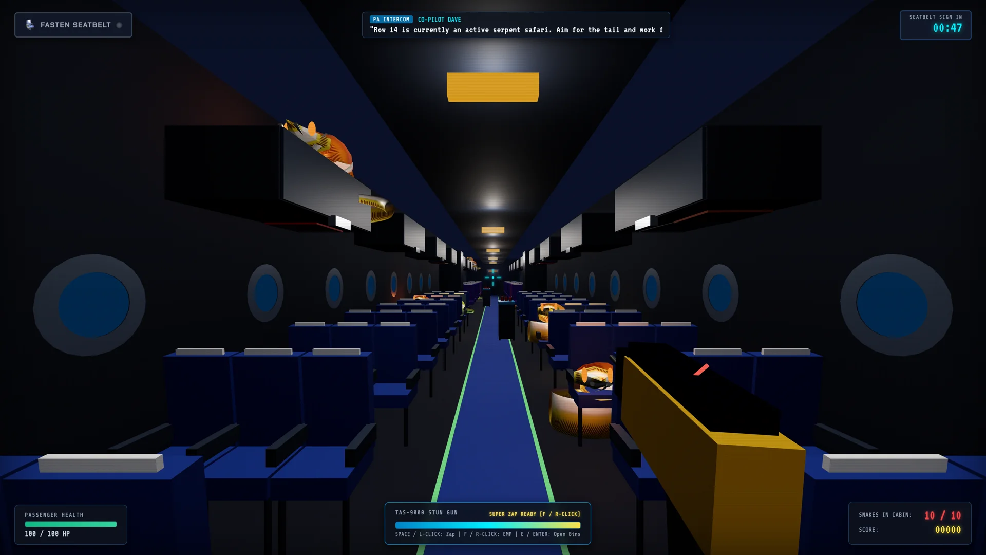 3D airplane cabin first-person shooter view with TAS-9000 stun gun, cockpit intercom ticker, and snakes roaming overhead bins