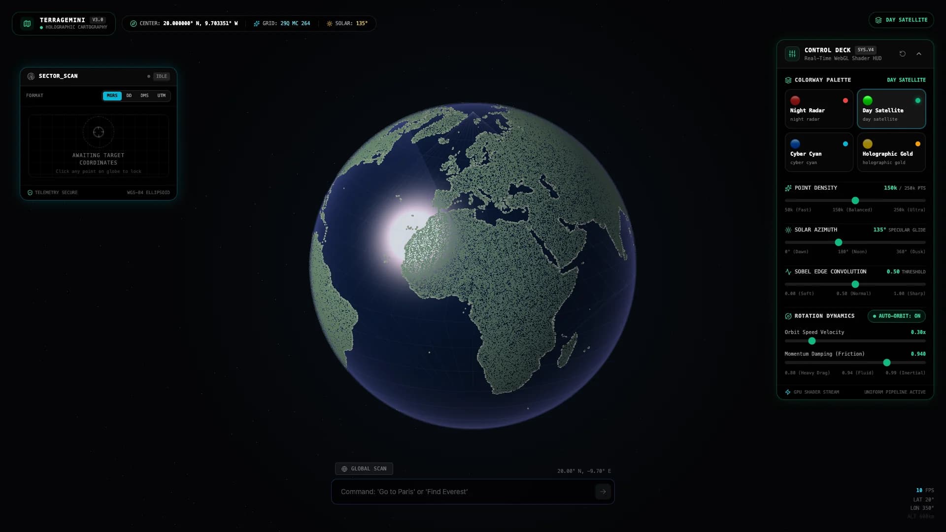 TerraGemini WebGL globe in Day Satellite mode showing natural terrain density and solar specular highlight