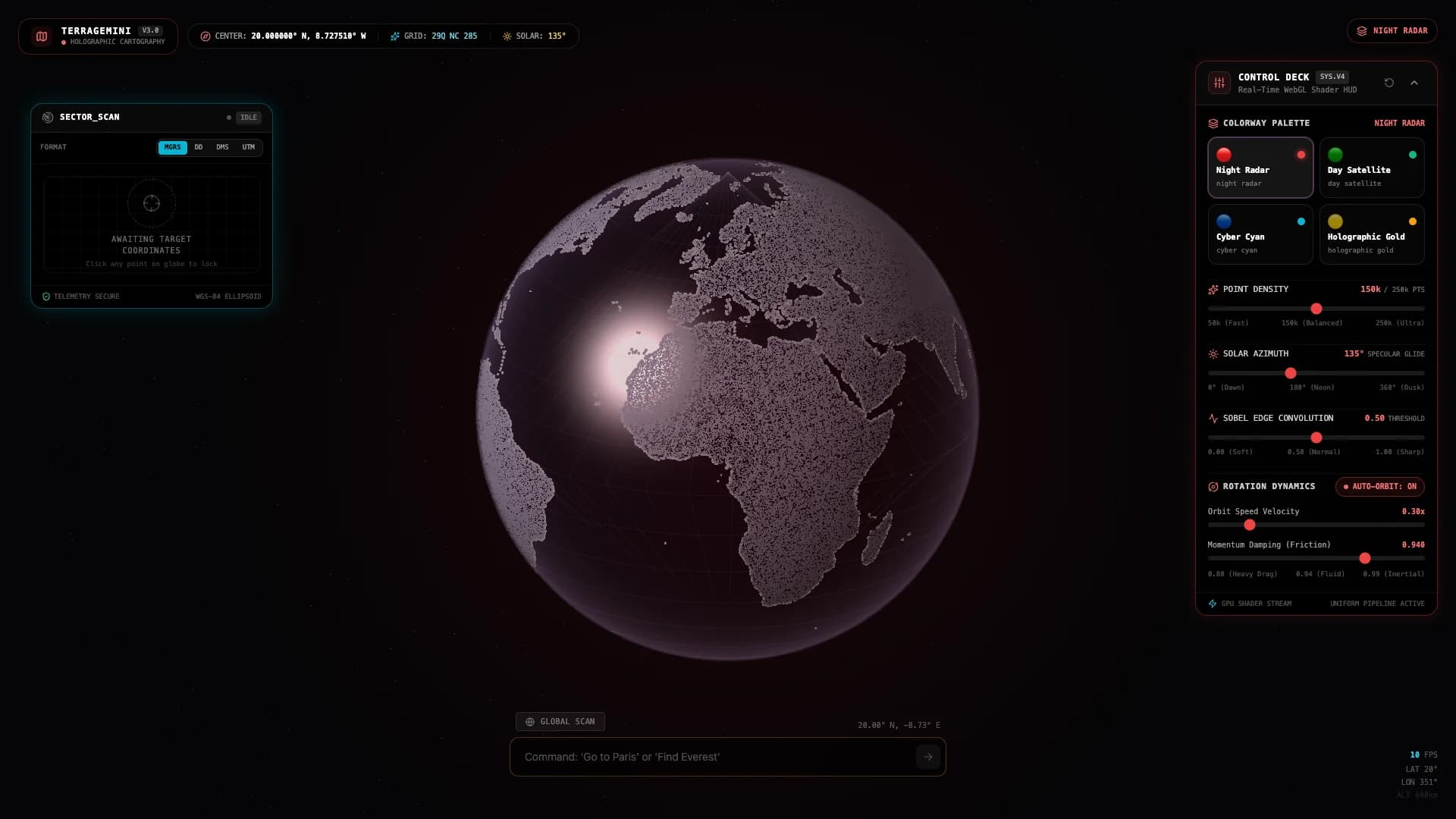 TerraGemini WebGL globe in Night Radar mode with crimson land outlines and glowing specular ocean reflection