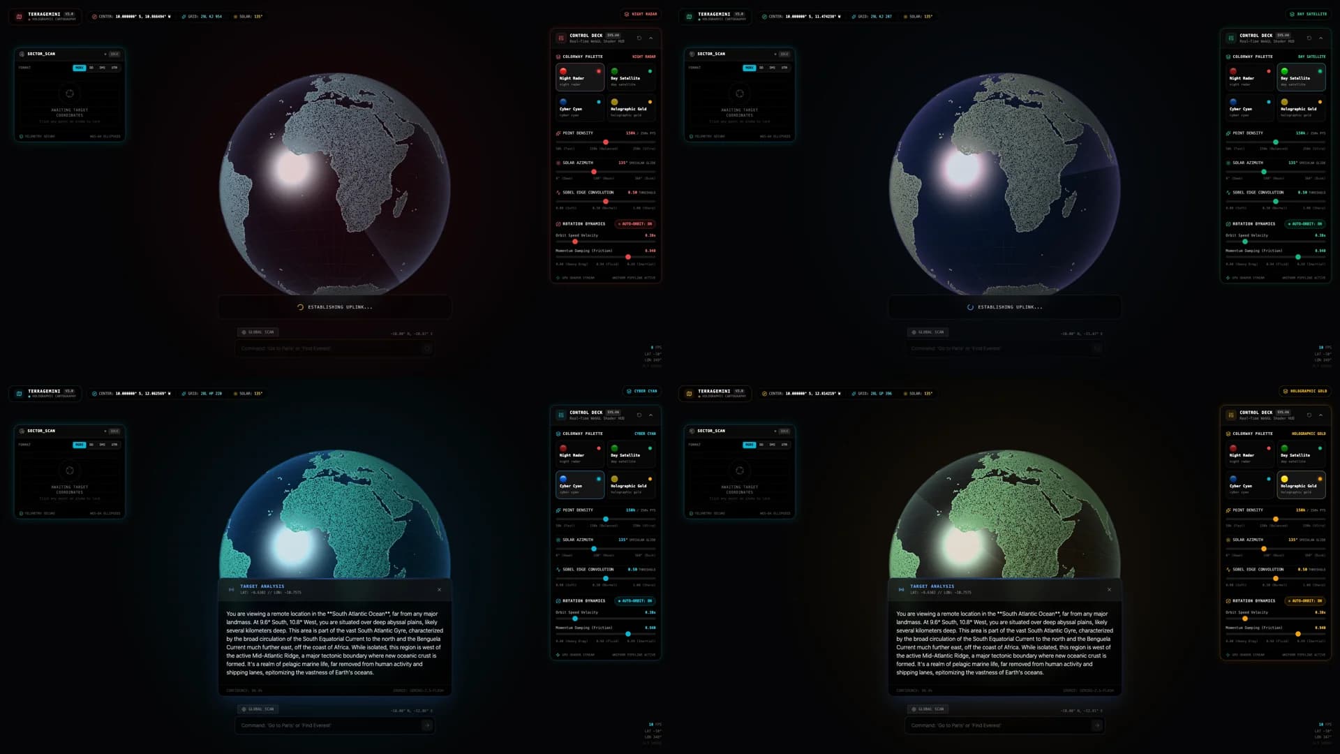 Four zero-recompile colorway presets in TerraGemini: Night Radar, Day Satellite, Cyber Cyan, and Holographic Gold