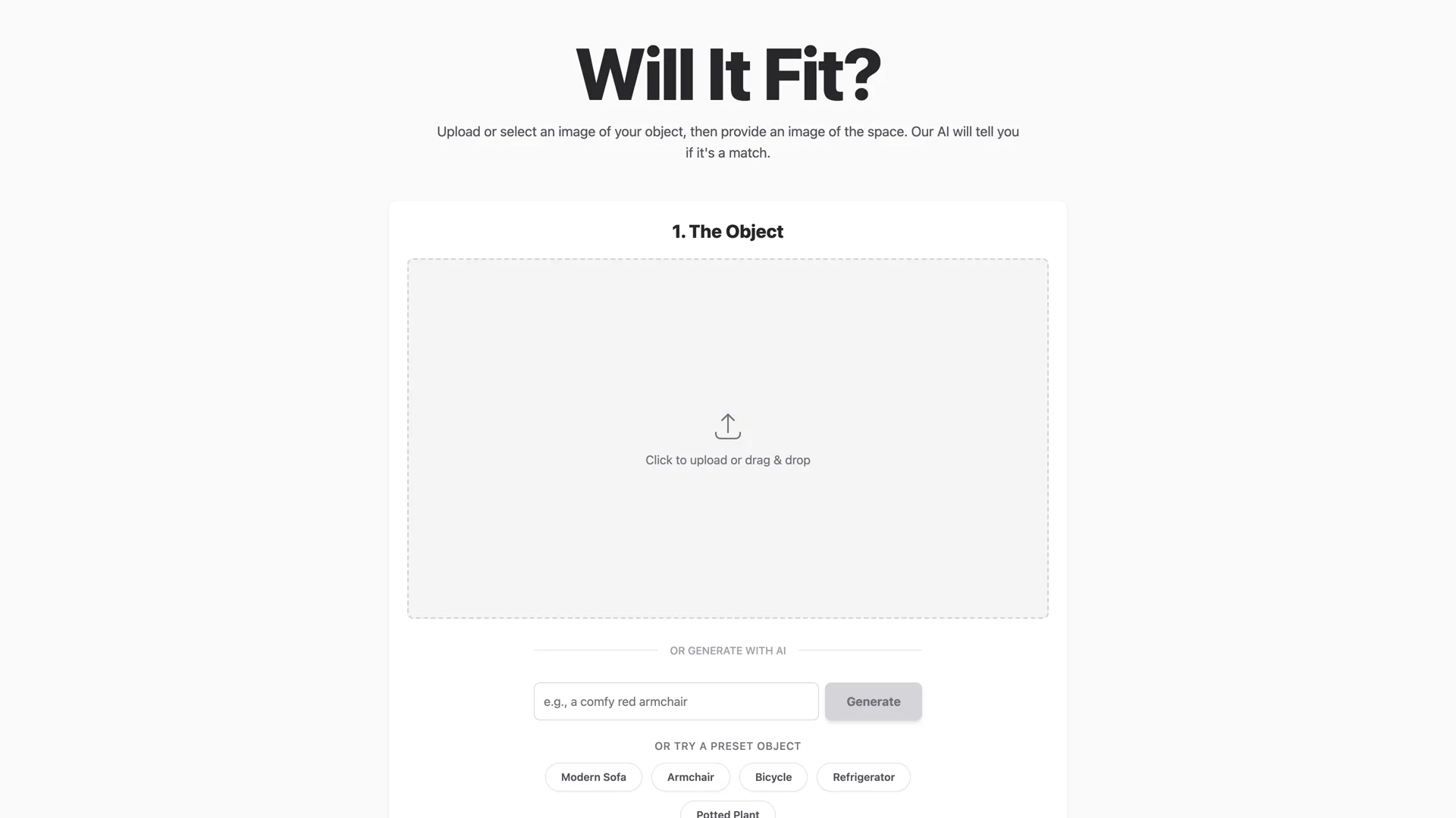 Will It Fit initial screen with upload zone, OR GENERATE WITH AI text prompt, and preset object buttons — Modern Sofa, Armchair, Bicycle, Refrigerator