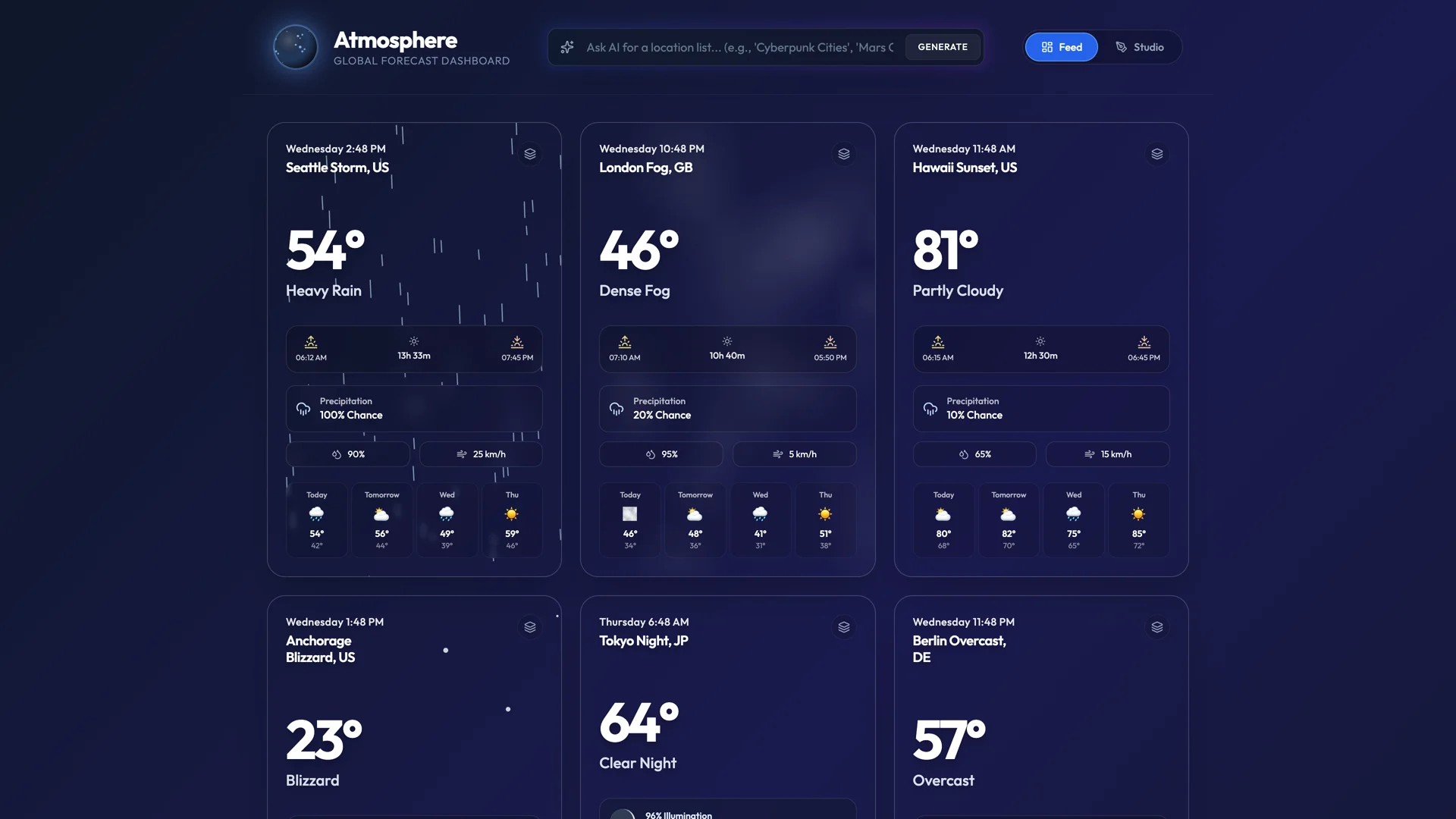 Atmosphere 3D weather gallery showing responsive grid of 9 volumetric weather cards across Seattle, London, Hawaii, Tokyo, and Berlin