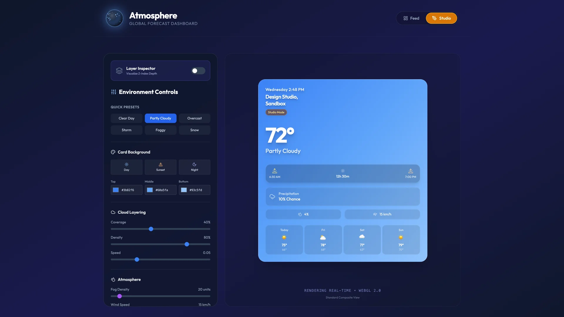 Design Studio shader workbench with GLSL uniforms, cloud coverage, density, and fog sliders