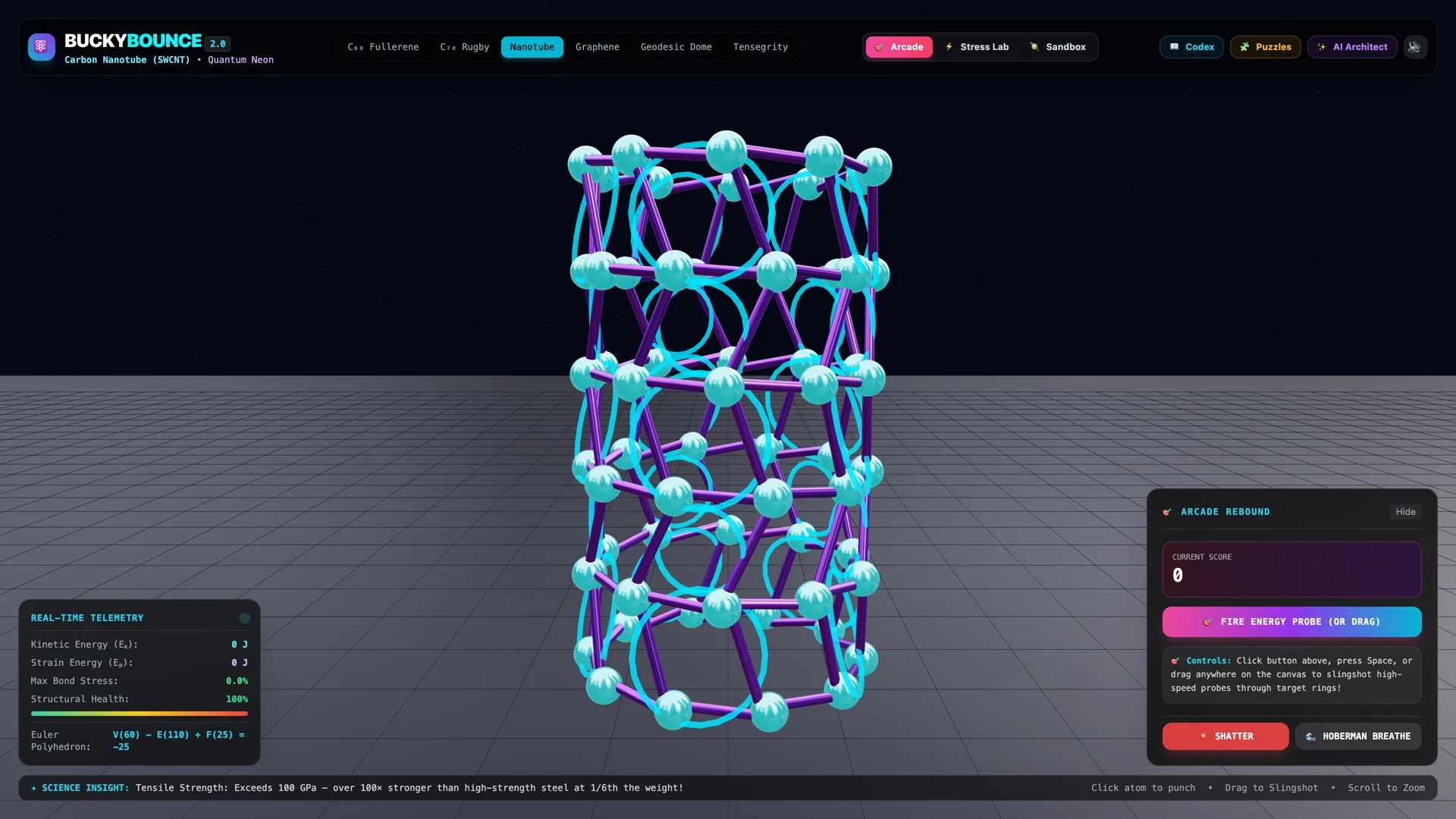 Carbon nanotube (SWCNT) rendered as a cylindrical lattice of cyan atoms and magenta bonds, with Euler topology V(60)−E(110)+F(25)=−25 and science insight about 100 GPa tensile strength