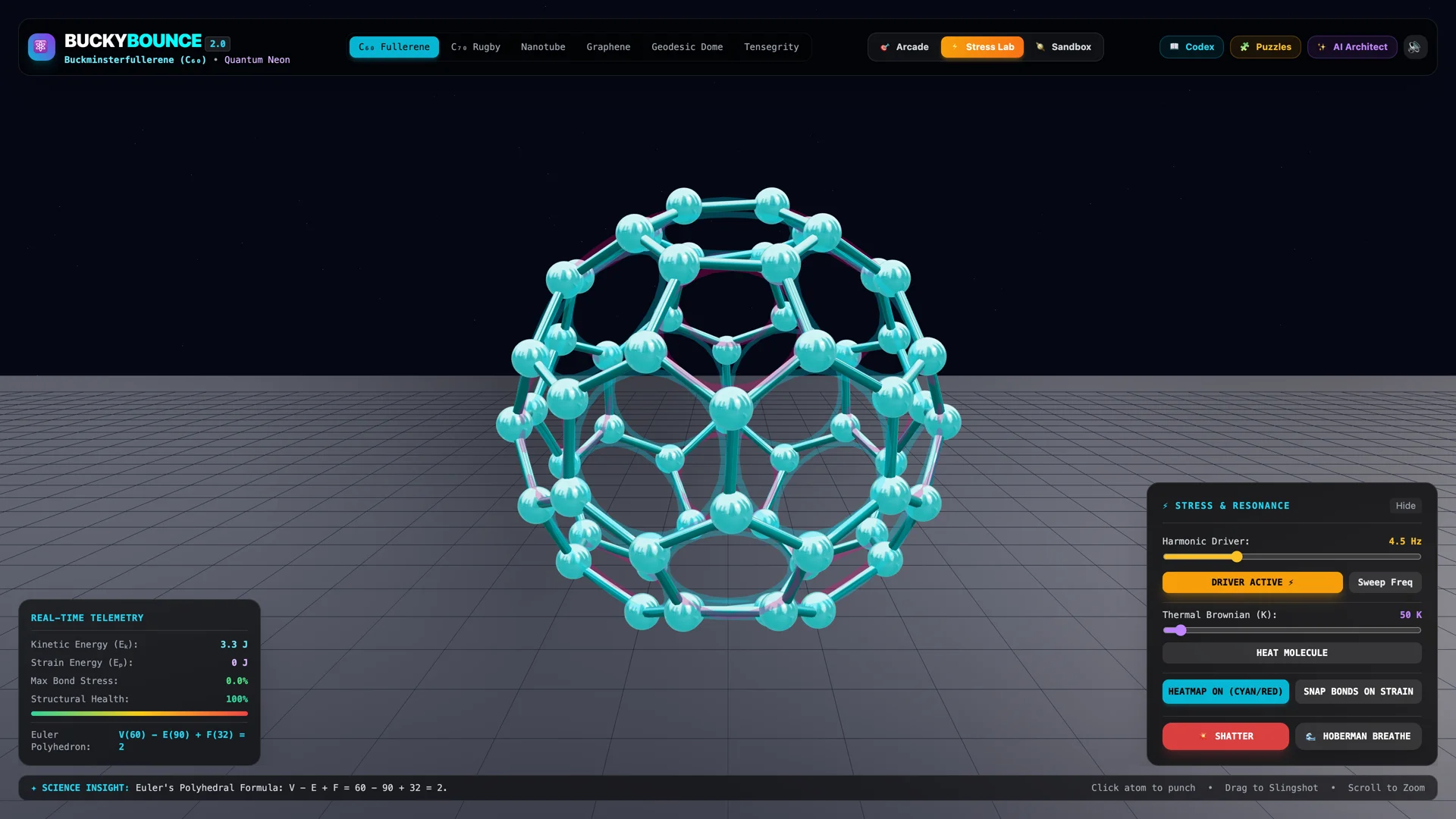 C₆₀ fullerene in Stress Lab mode with harmonic driver at 4.5Hz, thermal Brownian agitation at 50K active, and controls for heatmap, bond snapping, shatter, and Hoberman breathing