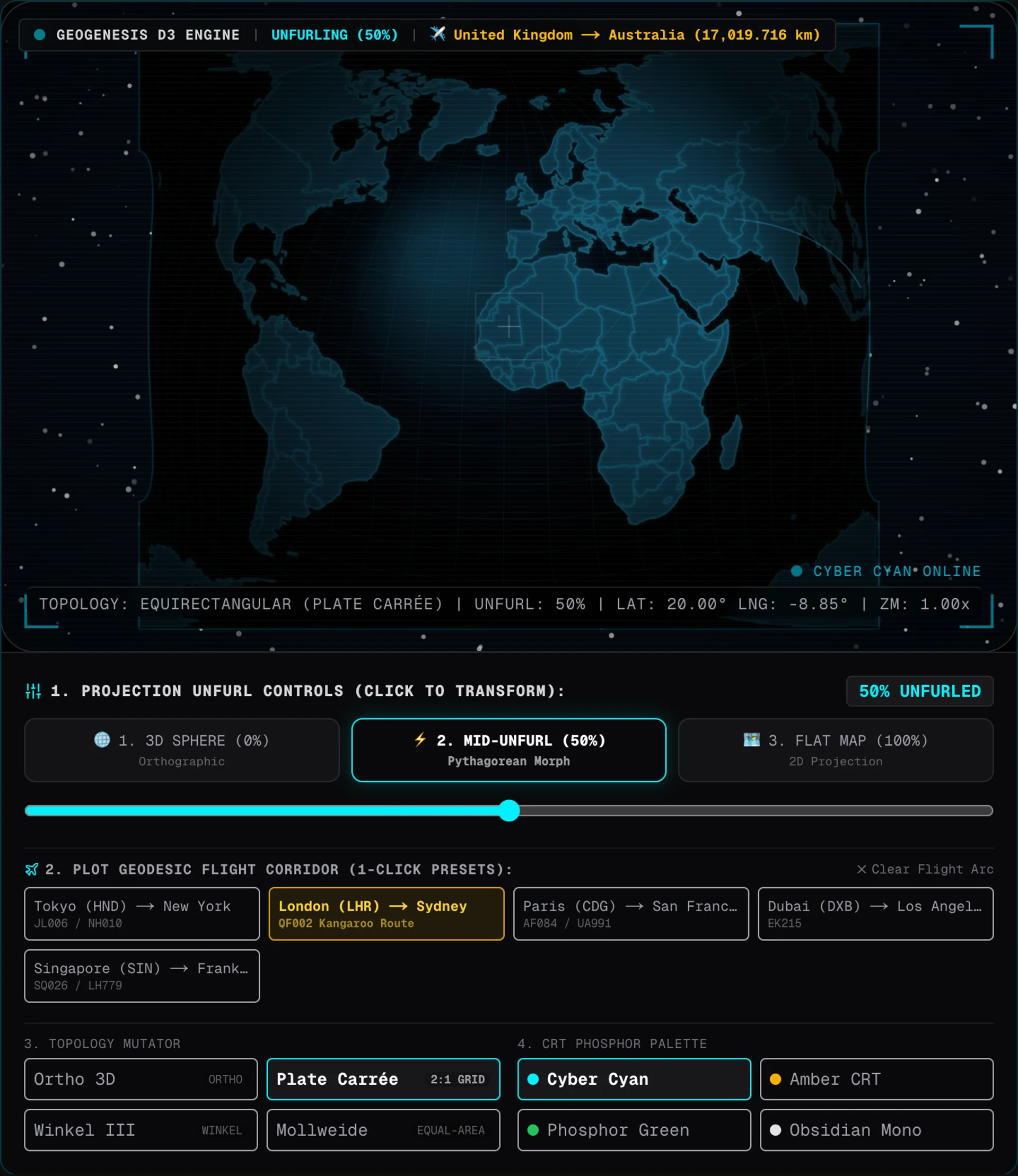 GeoGenesis at 50% unfurl with London to Australia flight arc