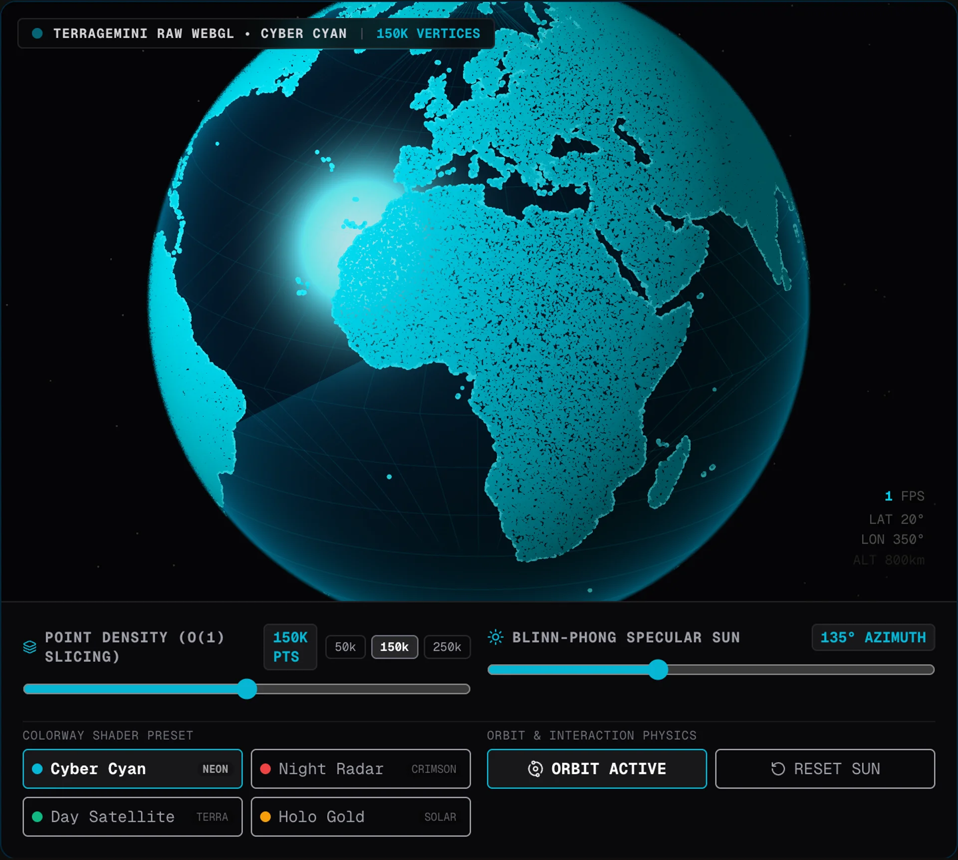 TerraGemini WebGL globe with 150K vertices in Cyber Cyan colorway and Blinn-Phong specular ocean glint