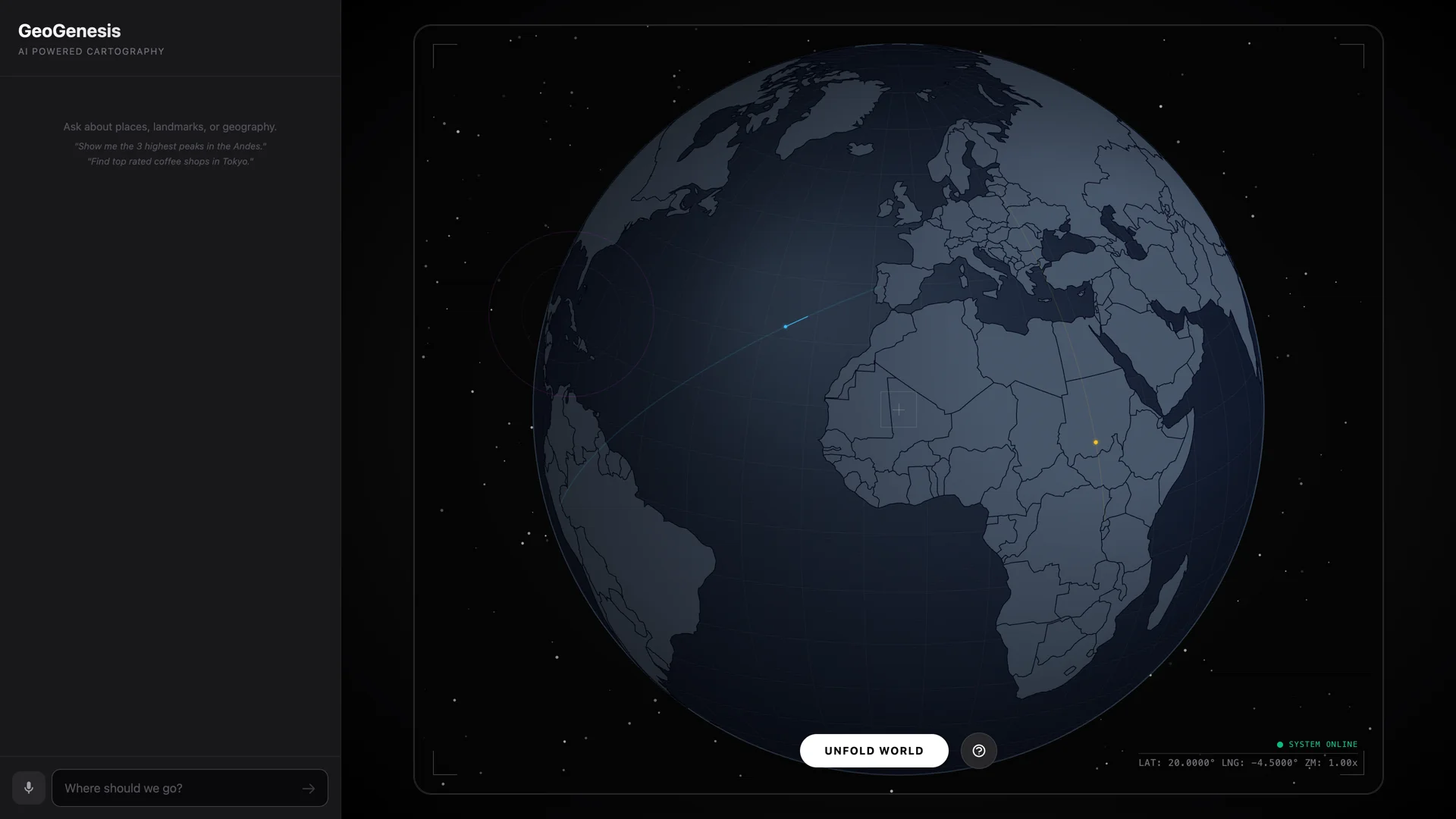 GeoGenesis orthographic globe in dark mode — stark slate continents with graticule grid, stars behind, and UNFOLD WORLD button below