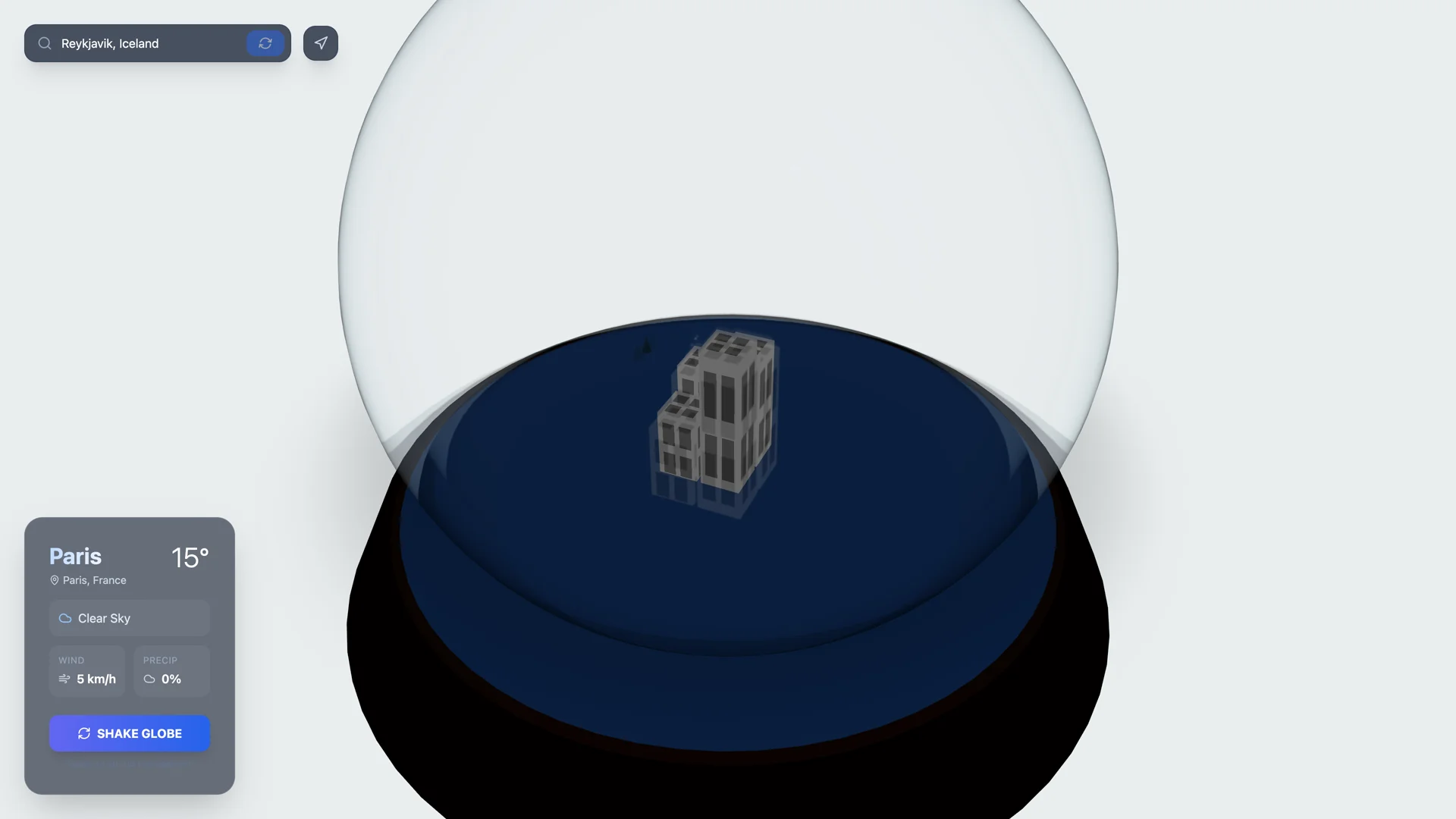 IsoGlobe Weather 3D glass snow globe containing procedural isometric city buildings with weather telemetry HUD