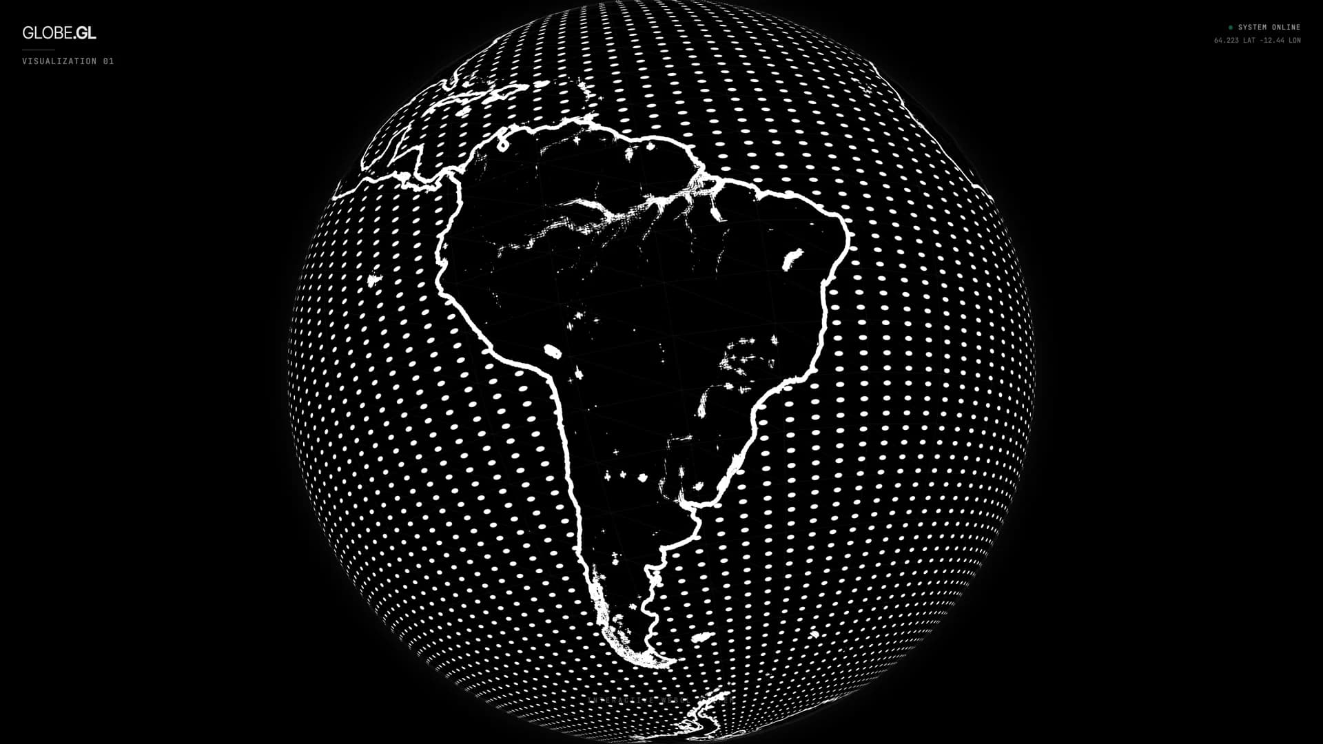 Angled close-up of the rotating dot matrix globe highlighting South America and atmospheric limb falloff
