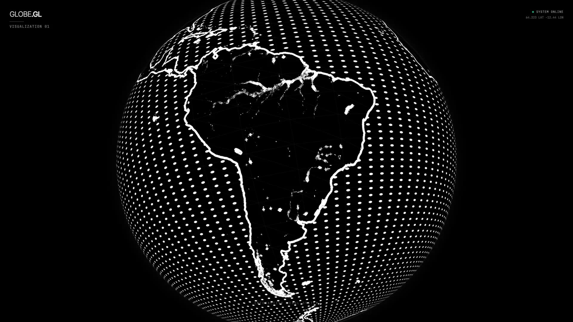 Rotated perspective view of the 3D dot matrix globe in space with orbit coordinates HUD